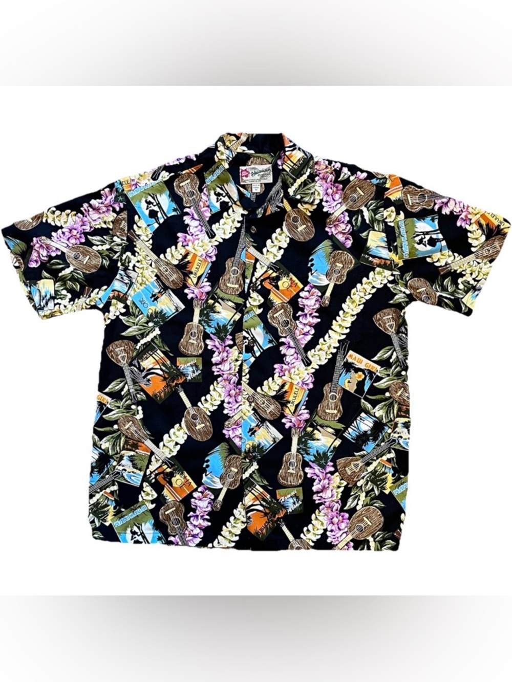 HILO HATTIE The Hawaiian Original Ukulele Postcard Aloha Shirt Black Size Men M